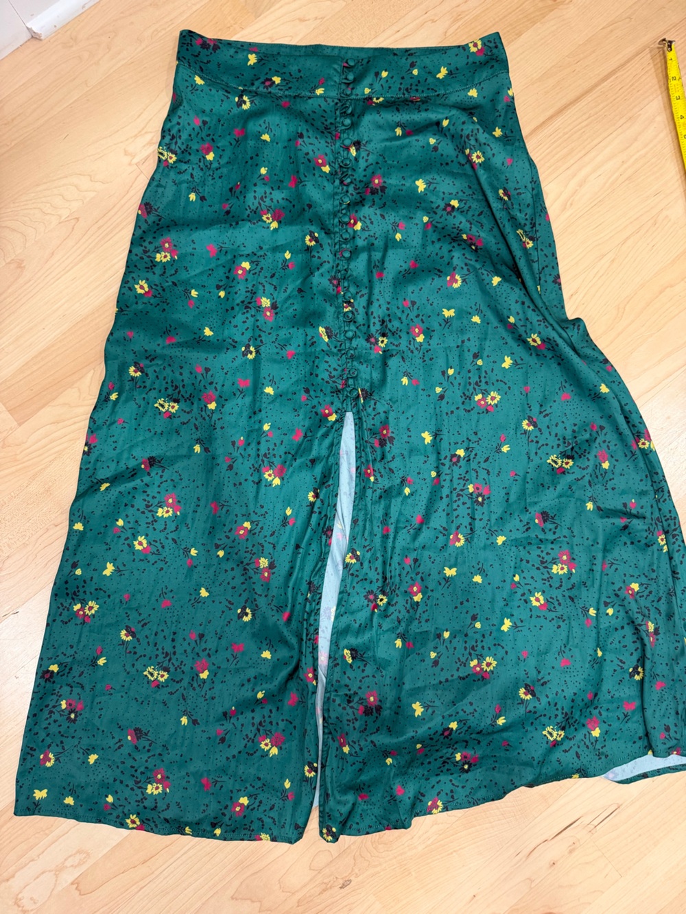Free People Emerald Green Floral Maxi Skirt with Yellow & Pink Accents
